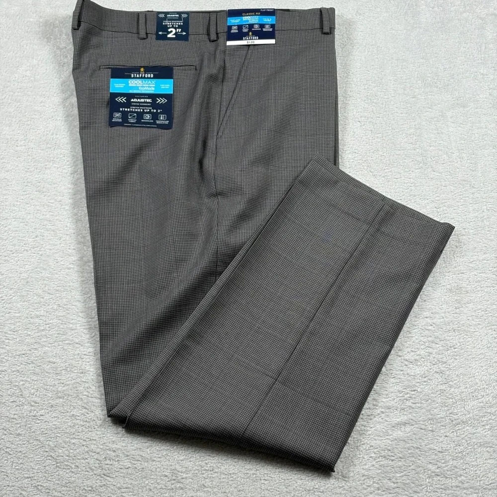 Stafford CoolMax Ecomode Gray Houndstooth Classic Wool Blend Dress Pants 40x32
